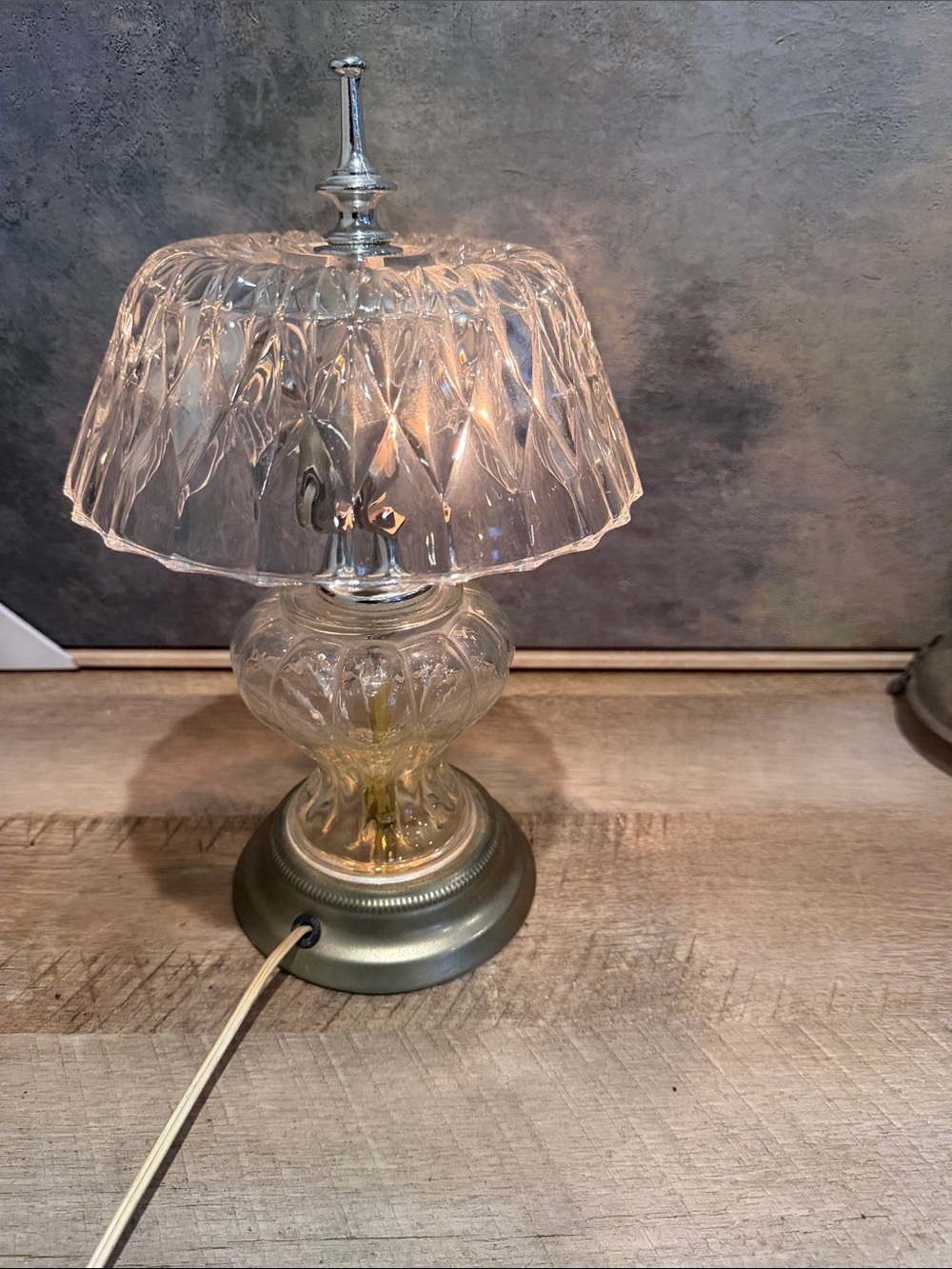 Vintage Glass Table Lamp with Clear Cut-Glass Shade and Metallic Base